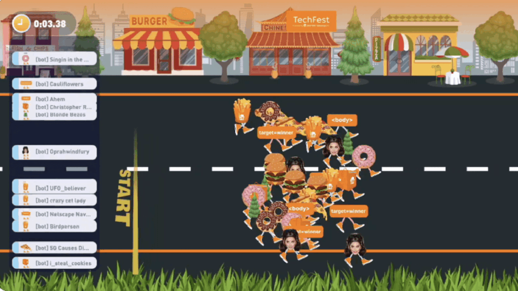 An animated street scene at Just Eat Tech Fest 2021 shows avatars themed as burgers and donuts clustered at the start line of a virtual race. Shops and trees line the street, while a timer in the top left corner displays 03:38.
