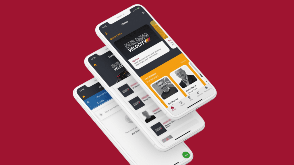 Three smartphones stacked diagonally, each showcasing different screens of an event app with news, events, and chat features, against a solid red background. The top screen highlights a Racing Velocity event.