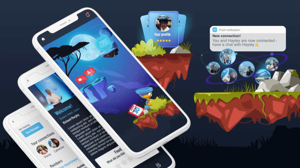 Illustration of smartphone screens showcasing a futuristic, space-themed social networking and event apps interface. Floating avatars, connection notifications, and interactive elements appear on digital islands in a dark blue landscape.