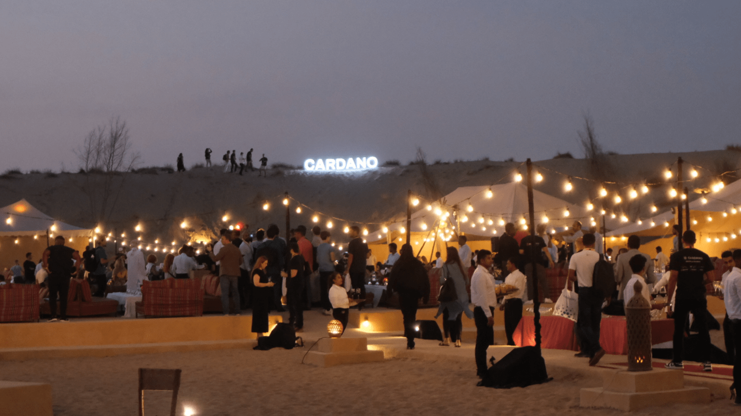 A lively outdoor evening event in the desert with string lights, people socializing, and a glowing CARDANO sign on a sand dune in the background. Tents and seating areas set the scene for Cardano Summit 2023 under the night sky.