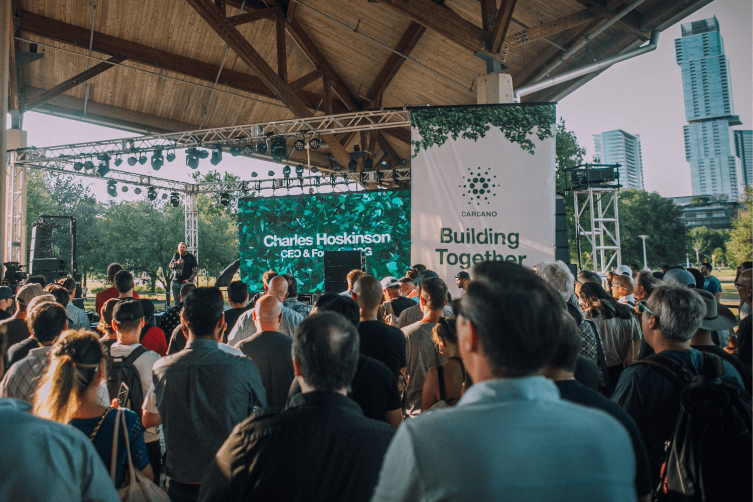 Community event experience with crowd, stage, branding and tech