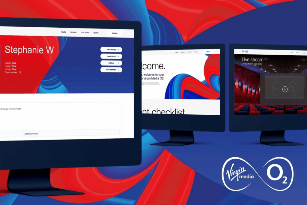 Three computer monitors display Virgin Media O2 interfaces—including an event website, a user profile page, and a live stream video. The background features red and blue swirling patterns alongside the Virgin Media O2 logo.
