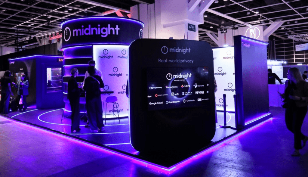 Immersive exhibition stand design by a leading event agency, showcasing event tech and creating a high-impact brand experience at a global blockchain event.