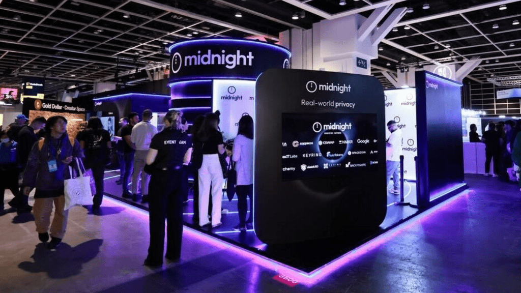 Immersive exhibition stand design by a leading event agency, showcasing event tech and creating a high-impact brand experience at a global blockchain event.