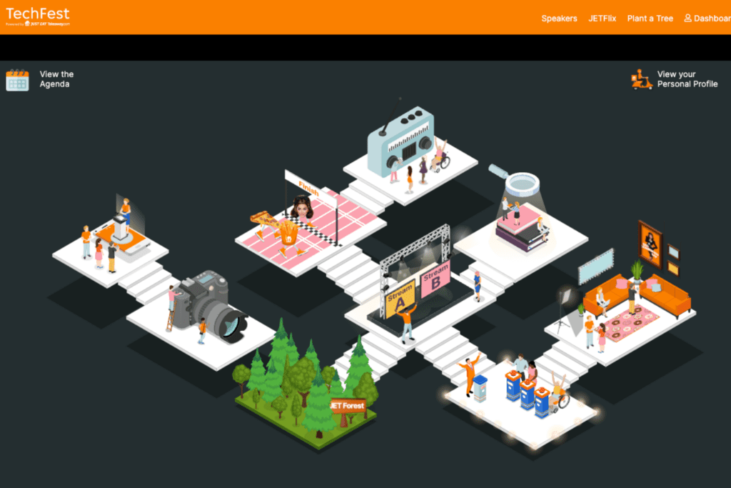 Isometric illustration of a virtual events platform with themed rooms—a camera, stage, lab, forest, and lounge—where small figures interact. Menu options are visible on the left and top of the screen.