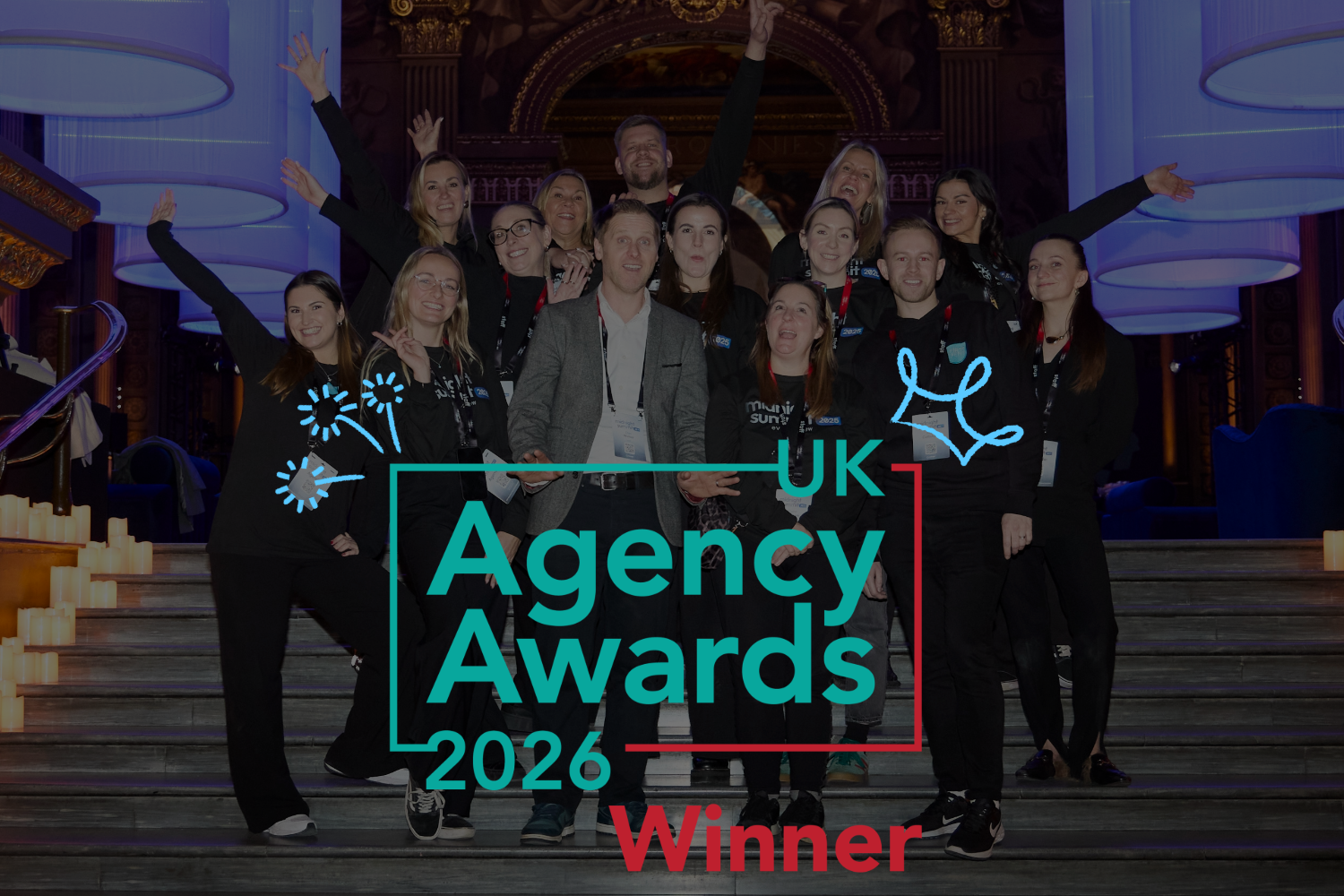 A group of people standing on stairs in an event space, with a graphic overlay reading UK Agency Awards 2026 Winner for best event agency.